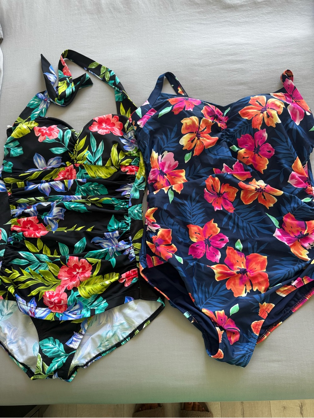 Women Navy Floral One-Piece Swimsuit - Vibrant Pink & Orange Flowers